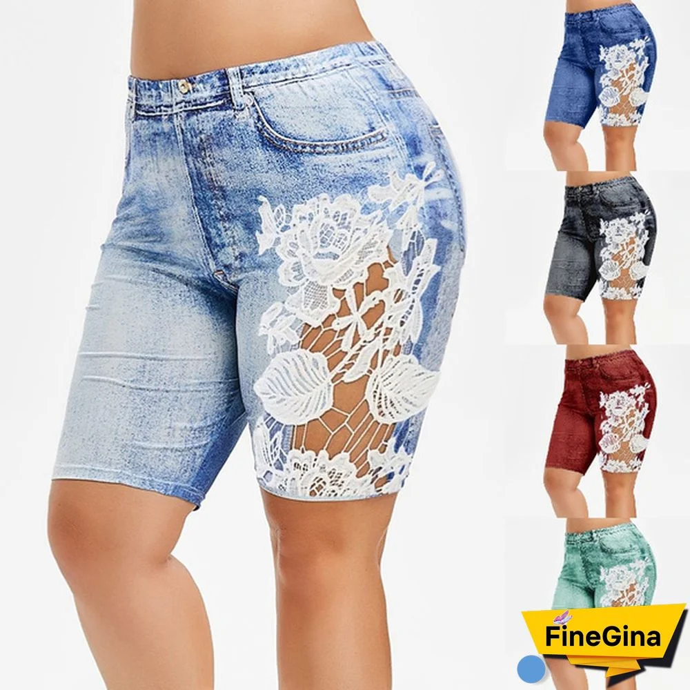 Women's Fashion Plus Size Denim Leggings short Summer lace Fitted Leggings knee length Pants