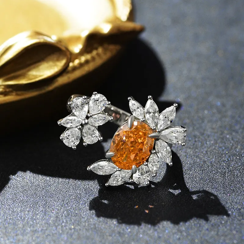 100% 925 Sterling Silver 7*9mm Oval Padma Aquamarine Yellow High Carbon Diamond Flower Rings For Women Party Fine Jewelry