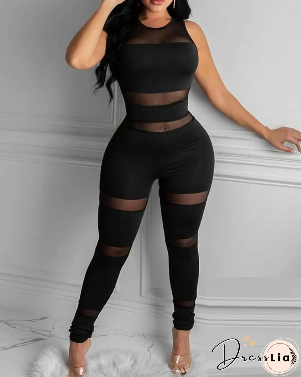 Sheer Mesh Thick Strap Skinny Jumpsuit