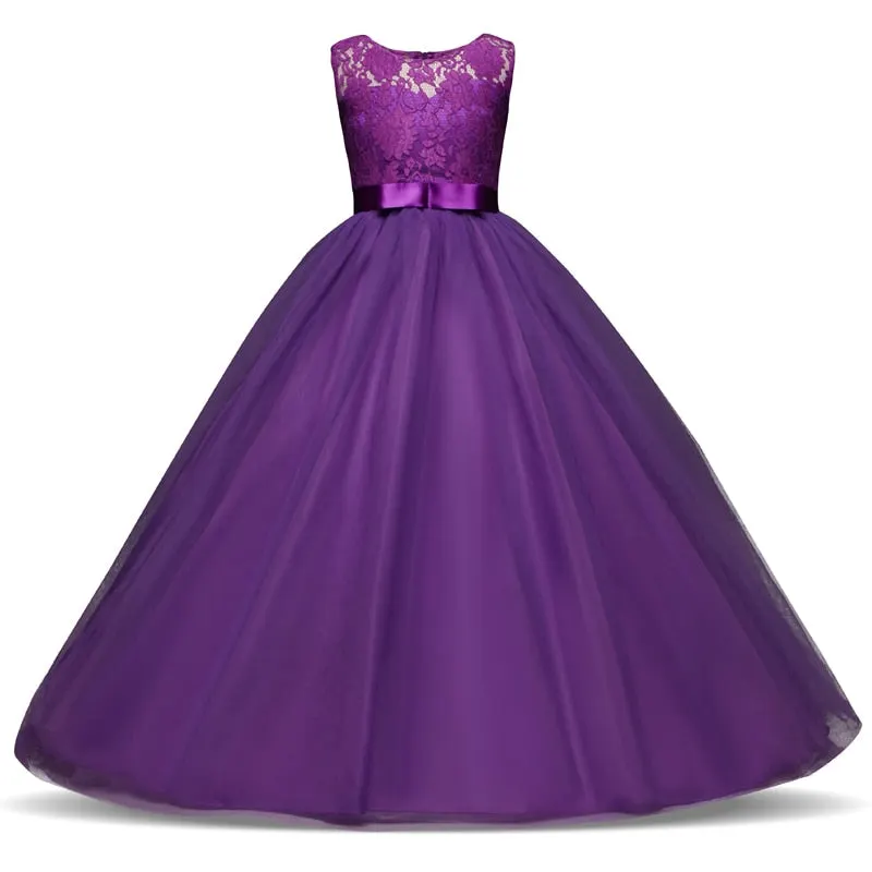 New Princess Lace Dress Kids Flower Embroidery Dress For Girls Vintage Children Dresses For Wedding Party Formal Ball Gown 14T
