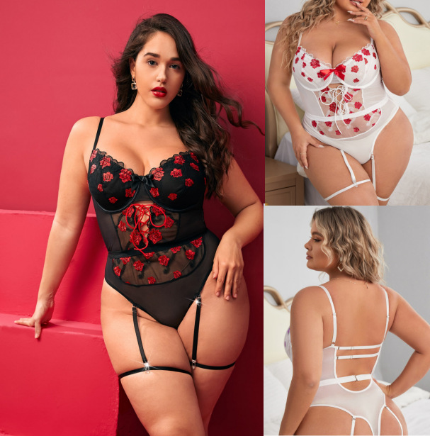 Lovingerie - Plus Size Shapewear One-piece with Garter Belt Set Sexy Transparent Lace Lingerie Set