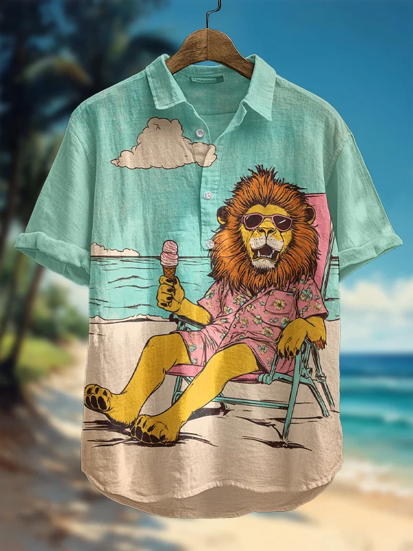 Men's Lion Leisurely Eating Ice Cream At The Beach Art Print Polo Shirt