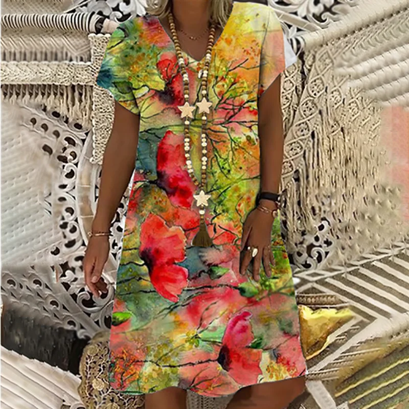 Summer Comfortable Abstract Art Leaf Print Short-sleeved V-neck Midi Dress