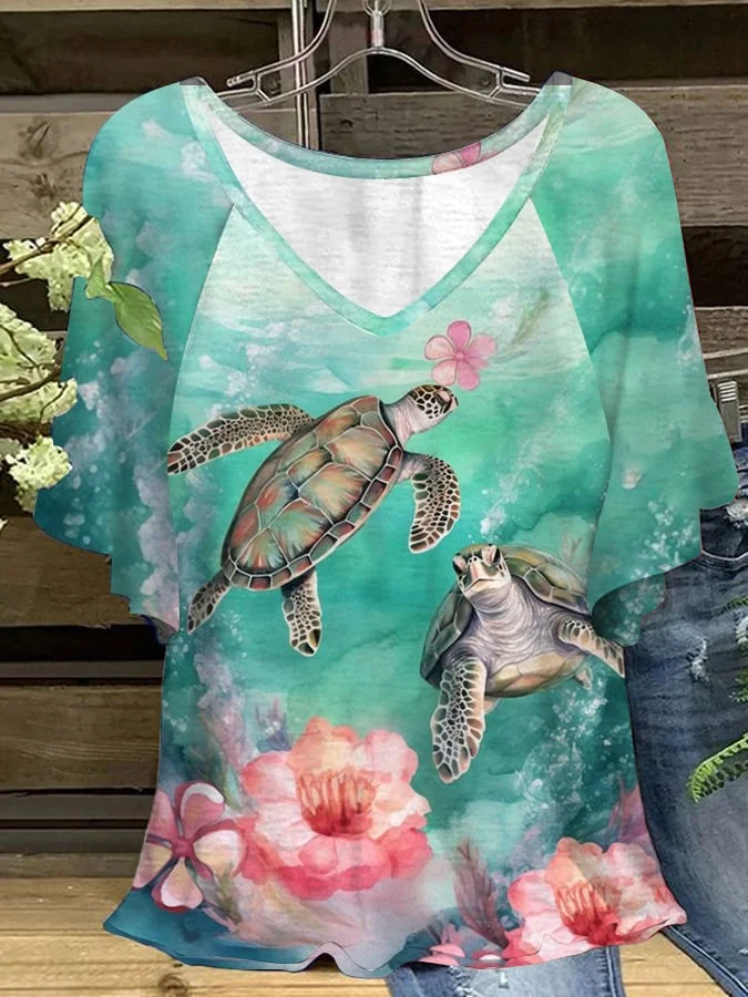 🔥Buy 3 Get 10% Off🔥Women's Beach Turtle Print V-Neck Ruffle Sleeve T-Shirt