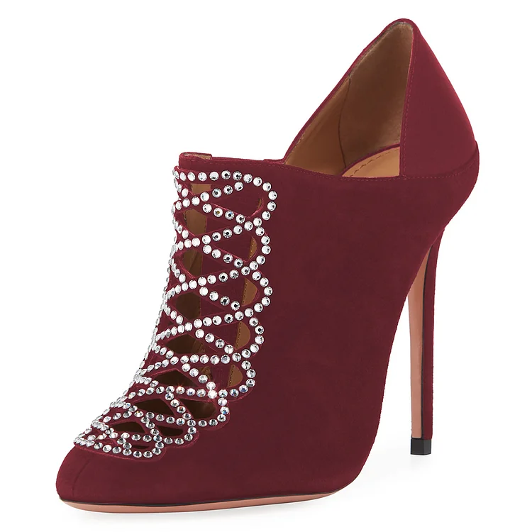 Maroon Vegan Suede Cut Out Stiletto Heel Ankle Boots with Rhinestone |FSJ Shoes