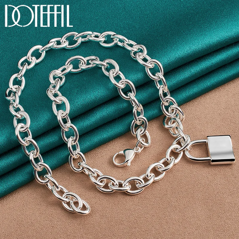 DOTEFFIL 925 Sterling Silver Square Lock Pendant Necklaces 18 Inch Chain For Man Women Jewelry