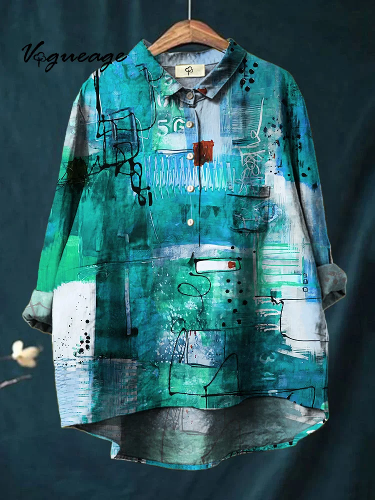 Watercolor Line Color Block Splicing Printed Cotton And Linen Shirt