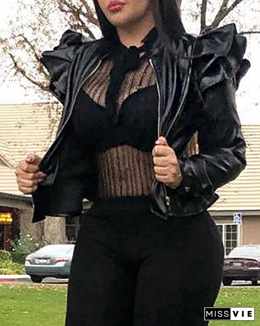 PU Leather Ruffles Decor Zipper Design Coat