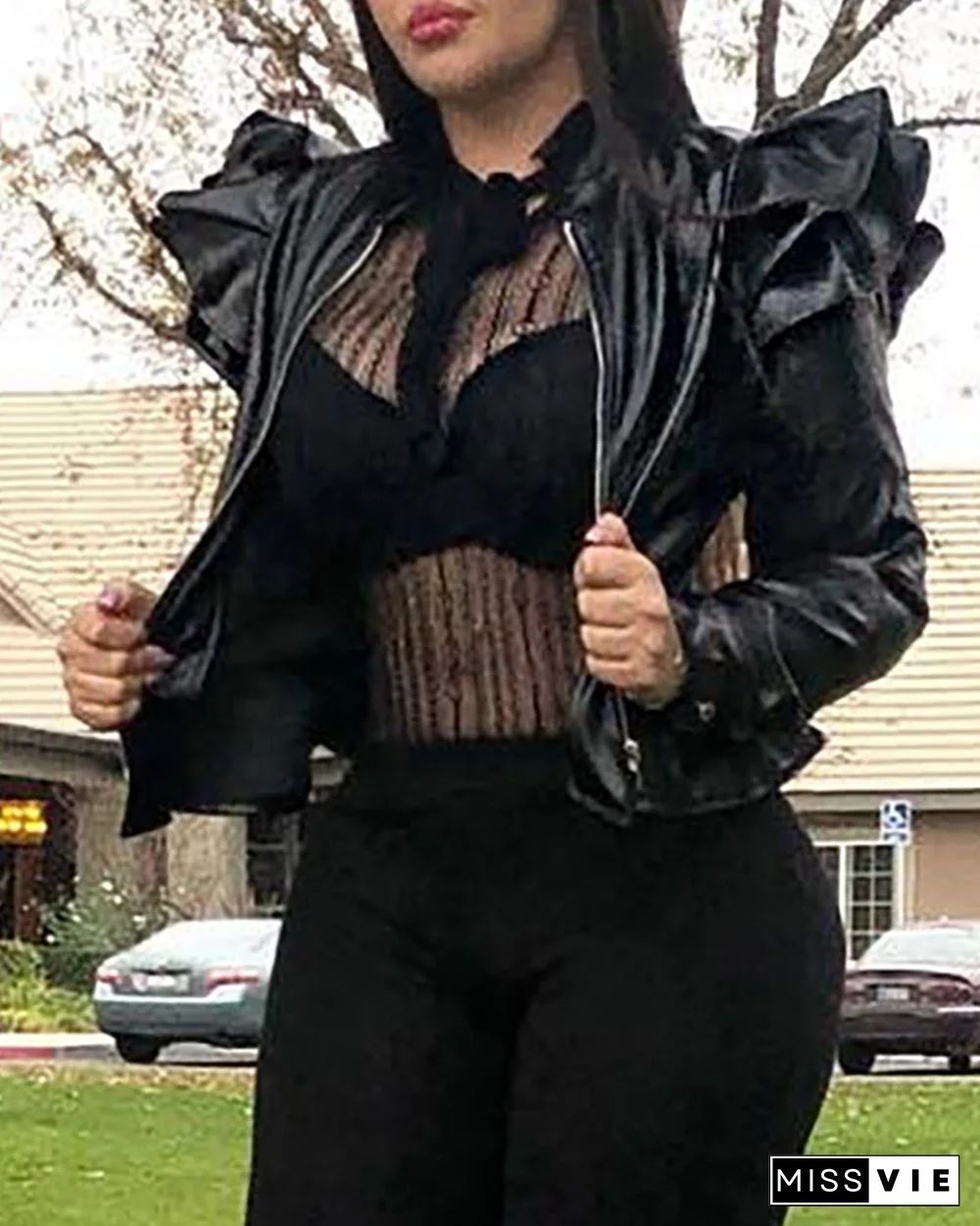 PU Leather Ruffles Decor Zipper Design Coat