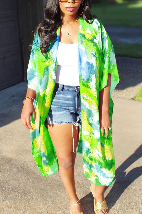 Green O Neck Patchwork Print Tie Dye Patchwork Short Sleeve Outerwear