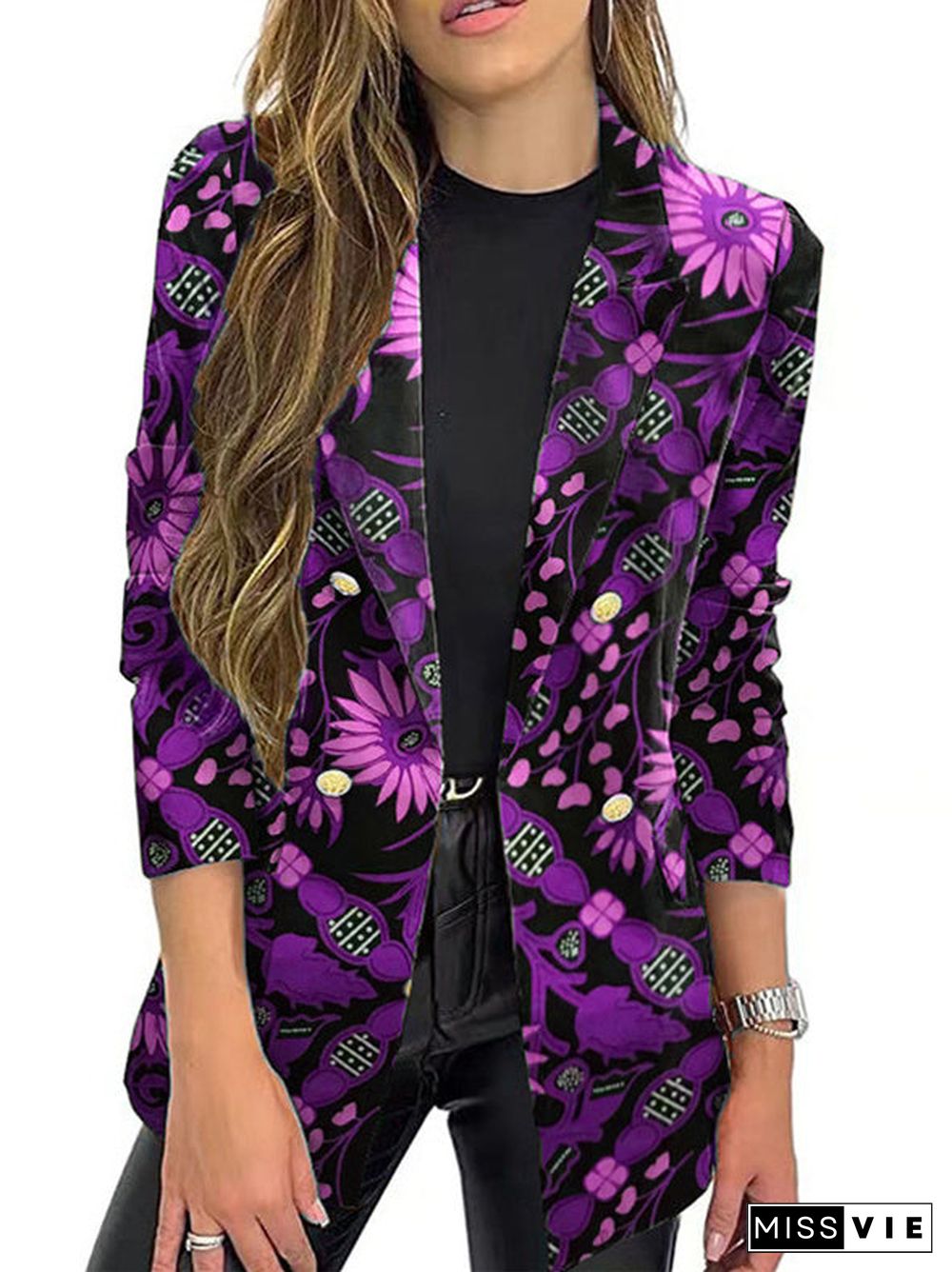 Women Long Sleeve Shirt Collar Floral Printed Striped Graphic Top Coats