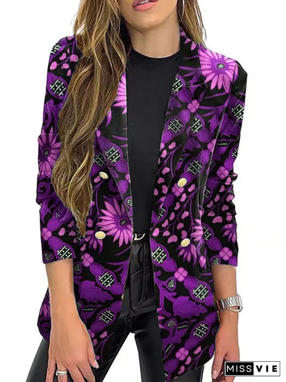 Women Long Sleeve Shirt Collar Floral Printed Striped Graphic Top Coats