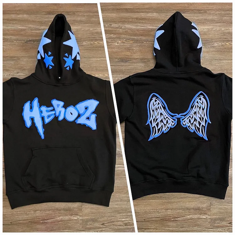 3D Letter Wings Foam Loose Pullover Hoodie High Street Hip Hop Retro Sweatshirt at Hiphopee