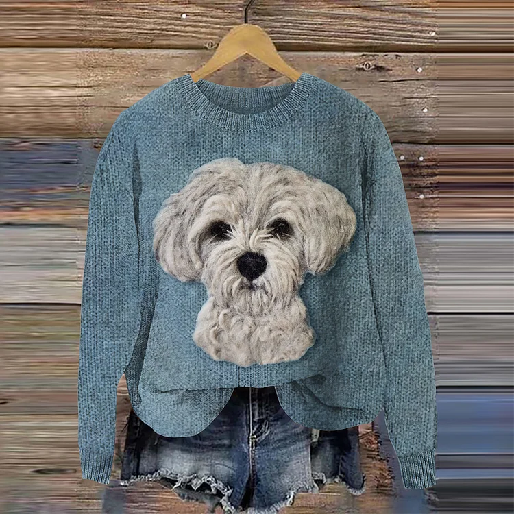 Cute Knit Dog Crew Neck Cozy Sweater