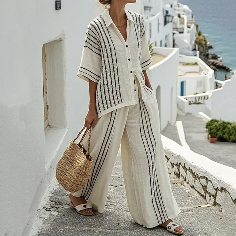 Utbros Women's Loose Striped Pants Two Piece Set