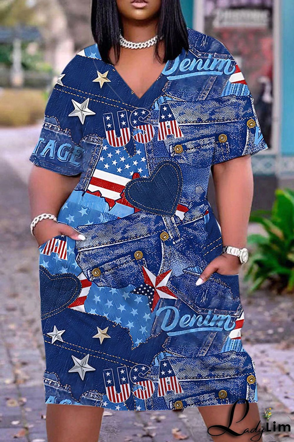 Blue Casual Print Patchwork Basic V Neck Short Sleeve Dress