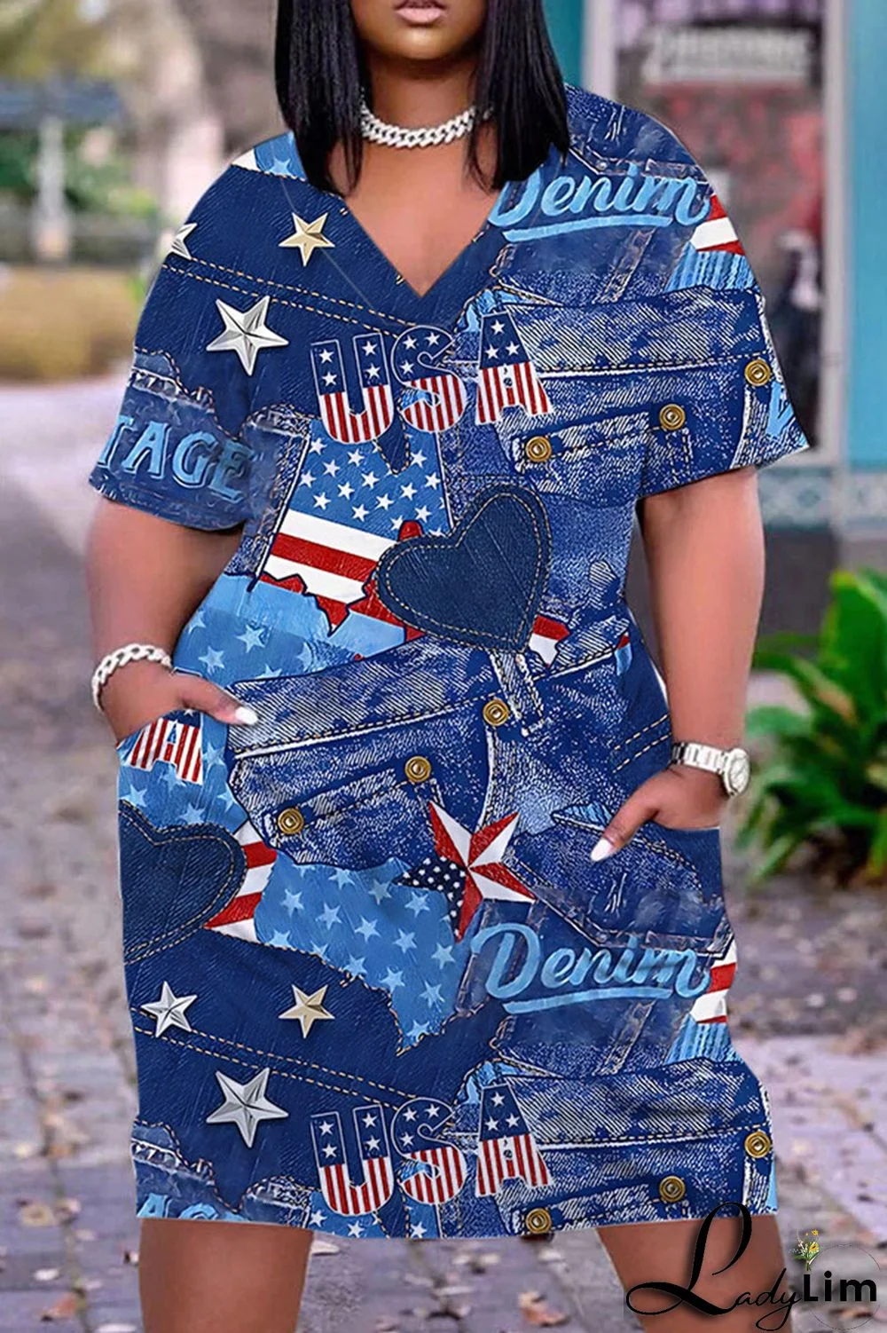 Blue Casual Print Patchwork Basic V Neck Short Sleeve Dress