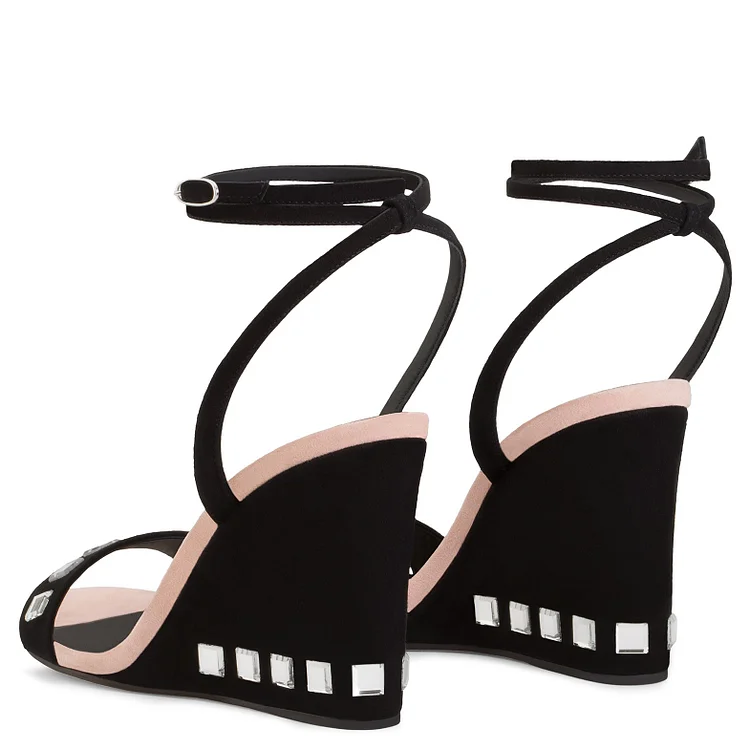 Women's Black Crystal Ankle Strap Wedge Sandals |FSJ Shoes
