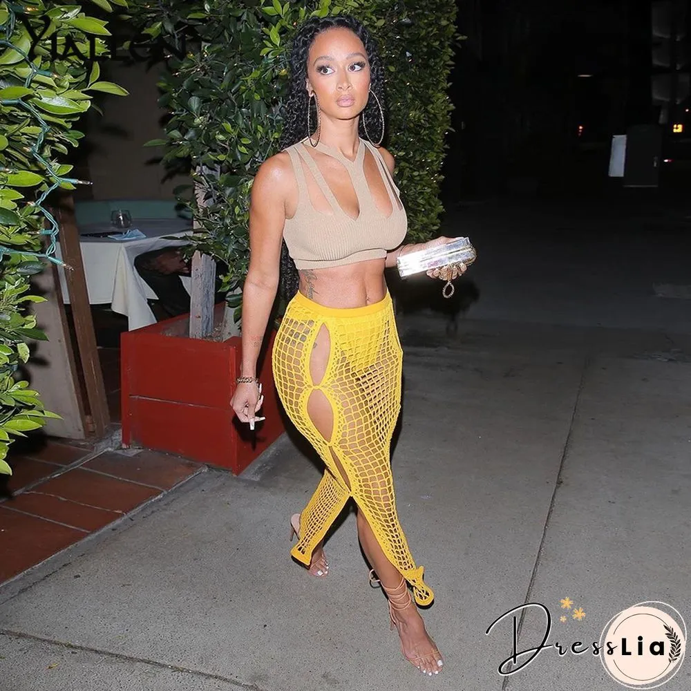 Summer Yellow Openwork Weaving Long Skirt