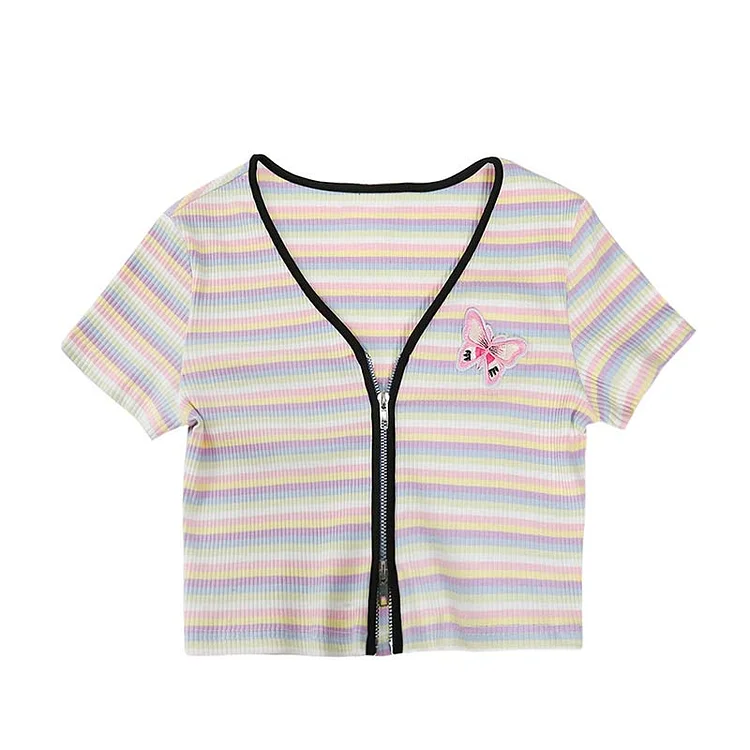 Stripe Butterfly Embroidery Zipper T-Shirt - Modakawa modakawa