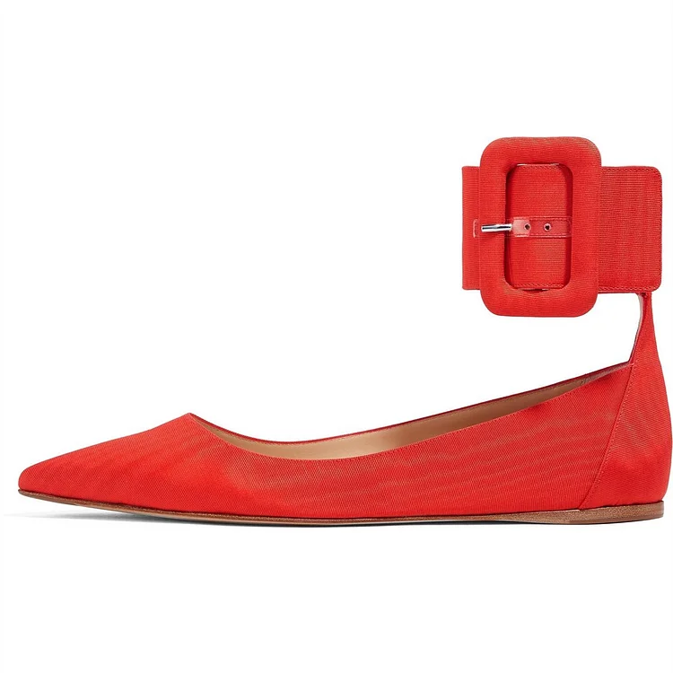 Red Pointy Toe Flats with Oversize Buckle |FSJ Shoes