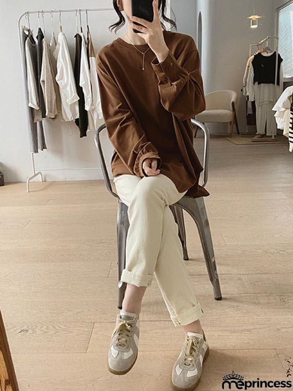 Long Sleeves Loose Solid Color Round-Neck T-Shirts Tops