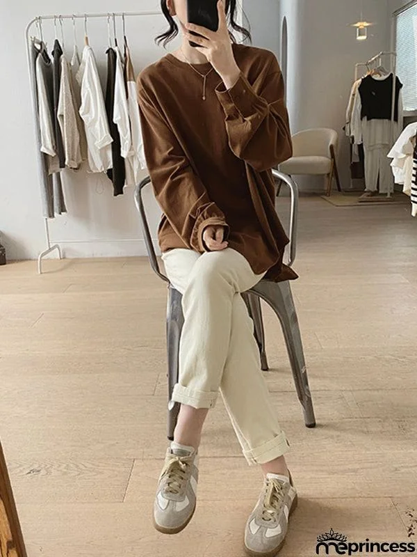 Long Sleeves Loose Solid Color Round-Neck T-Shirts Tops