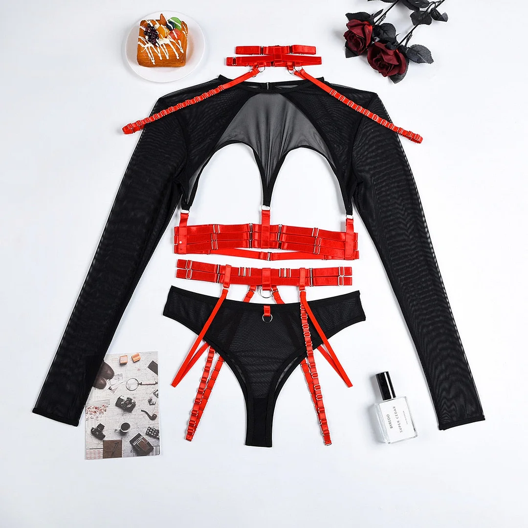 MIRABELLE Gothic Sexy Lingerie Set Woman 4 Piece Long Sleeve Mesh Transparent Erotic Costumes Hollow Out Bra Sex Suit Exotic Set