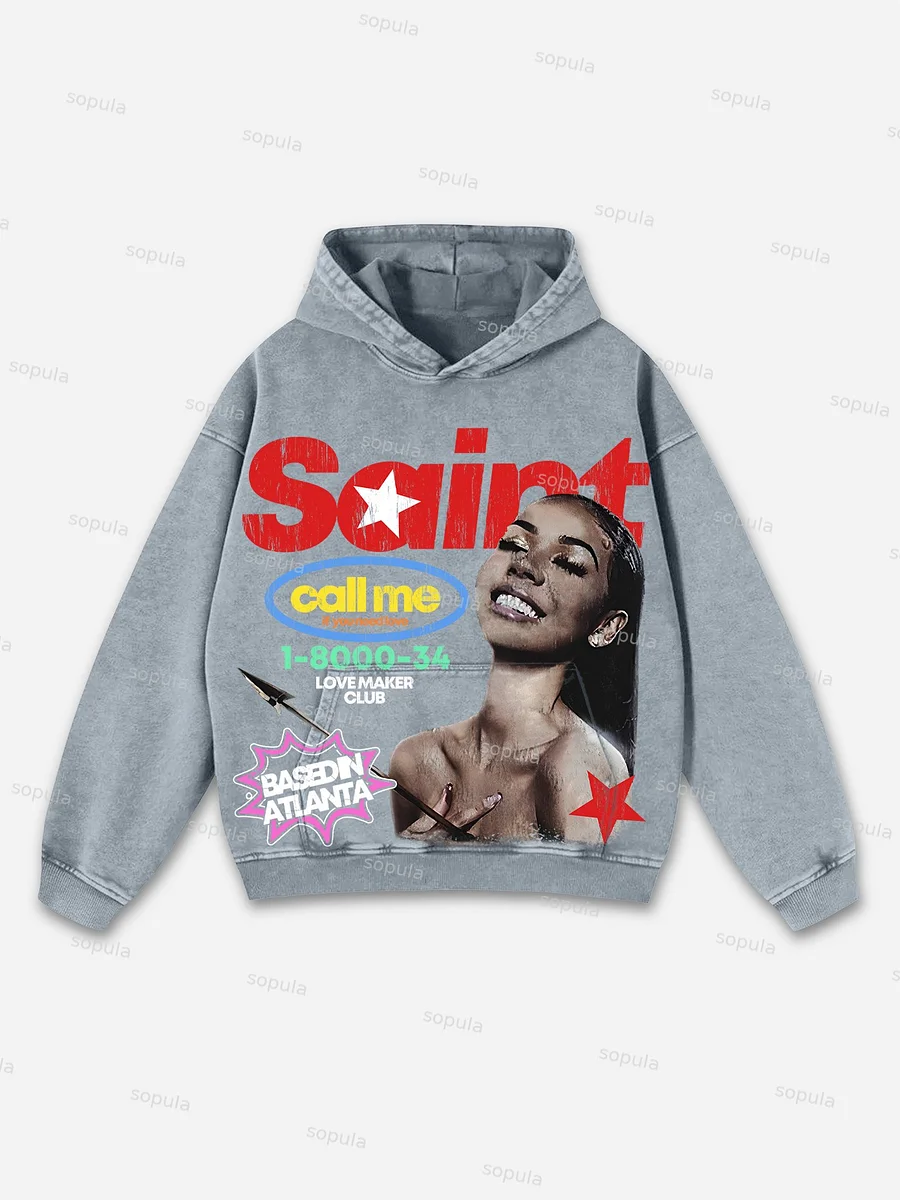 Sopula Vintage Saint Call Me If You Need Love Graphic Acid Washed Oversized Hoodie
