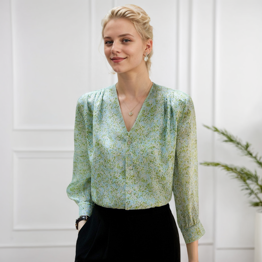 Silk Shirt Women's Long-sleeves Print Green High-end REAL SILK LIFE