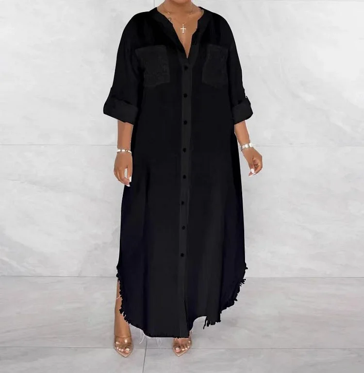 Casual Loose Long Sleeve Button Shirt Long Dress