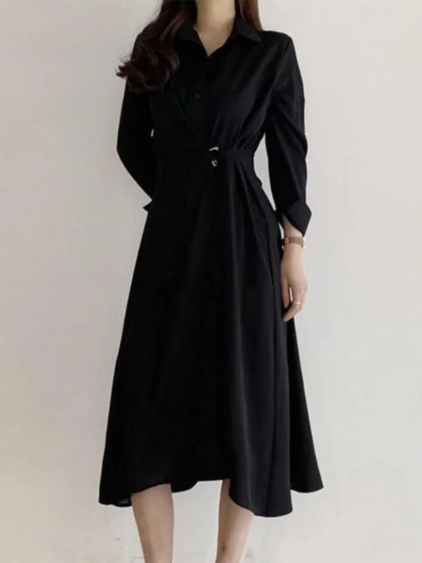 Simple Loose Long Sleeves Buttoned Tied Asymmetric Solid Color Midi Dresses