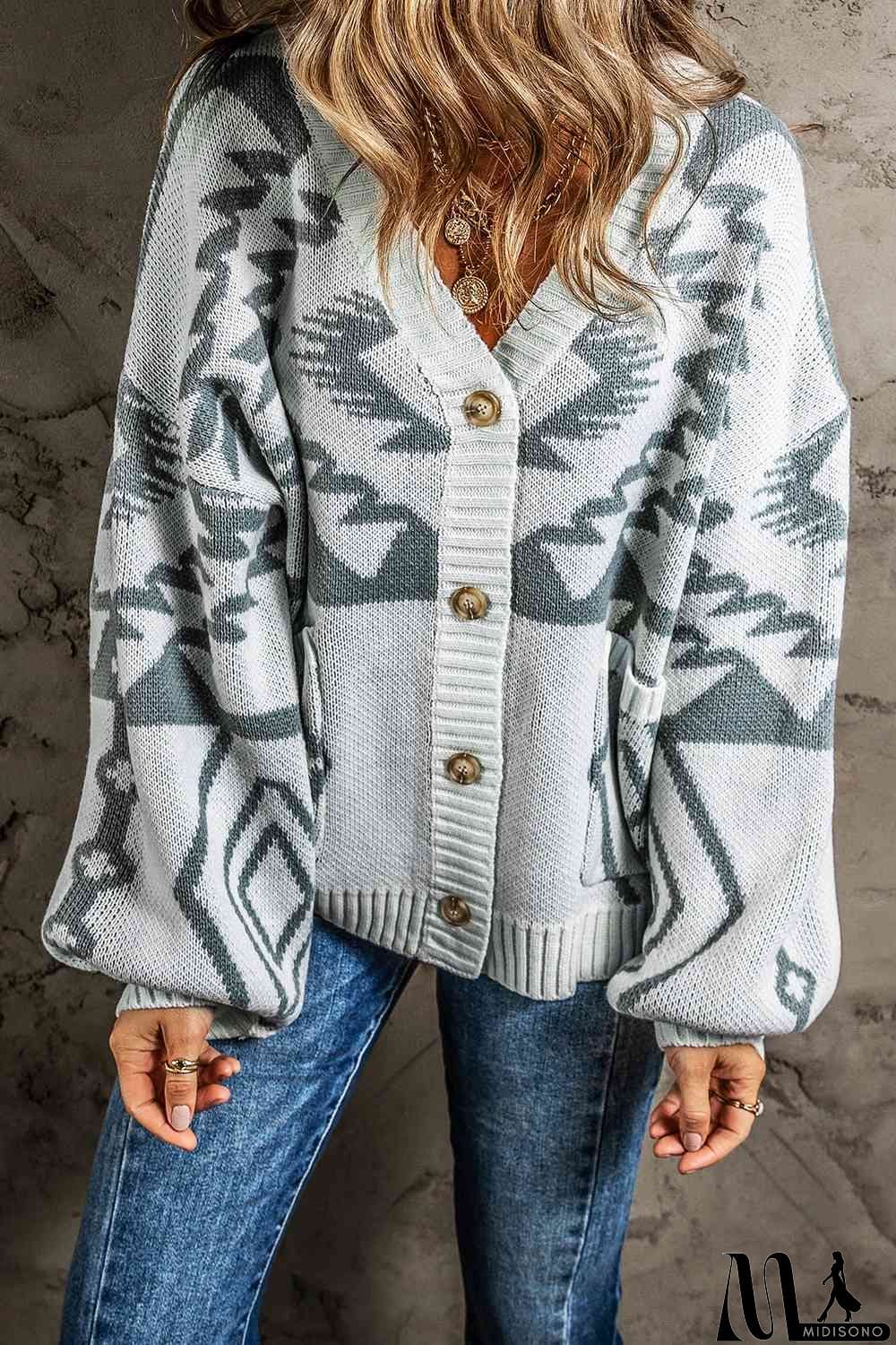 MidiSono - Printed Button Up V-Neck Long Sleeve Cardigan