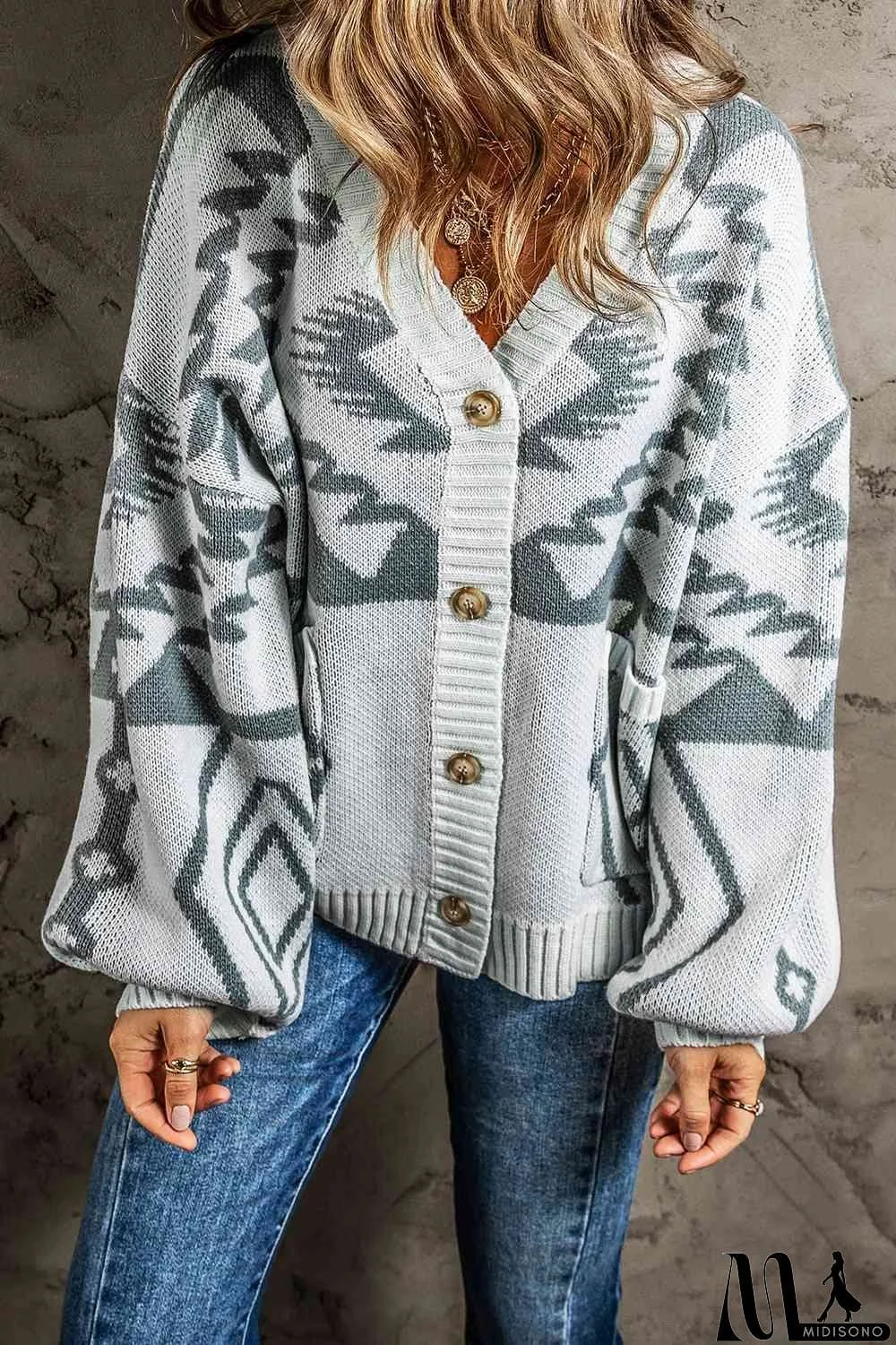 MidiSono - Printed Button Up V-Neck Long Sleeve Cardigan