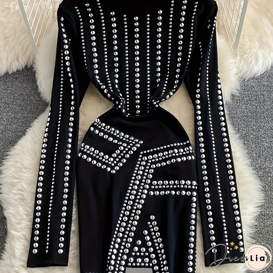 Plus Size Sequin Decor Bodycon Dress, Casual Mock Neck Long Sleeve Dress, Women's Plus Size Clothing