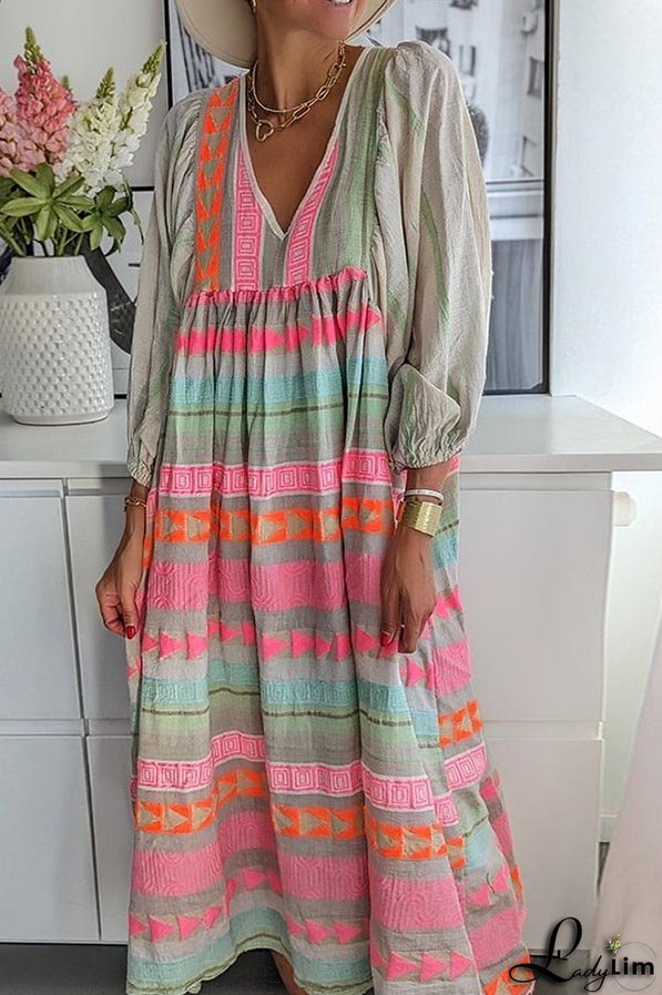 Pink Greek Key and Orange Chain Striped Print Midi Dress
