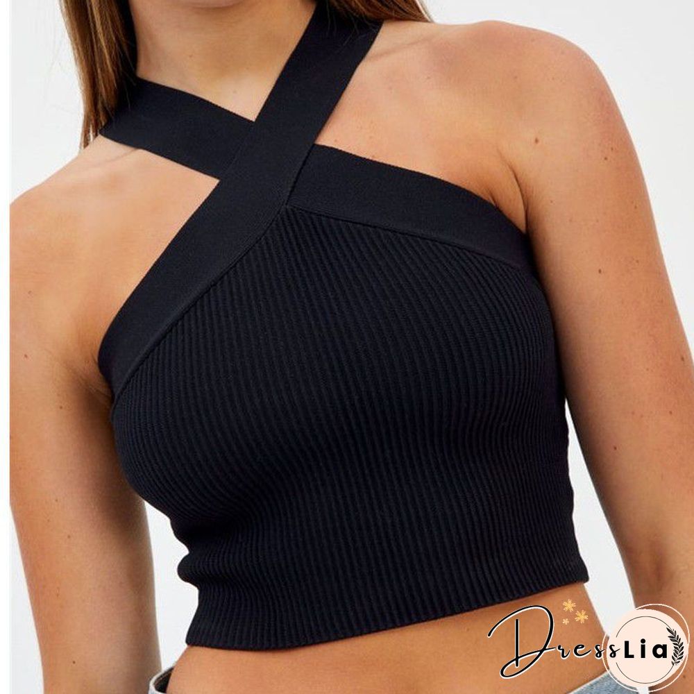Crinkle Wide Ribbed Rib Criss Cross Halter Crop Top