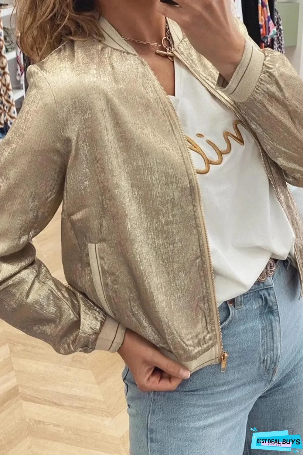 Pale Khaki Metallic Zip up Baseball Jacket