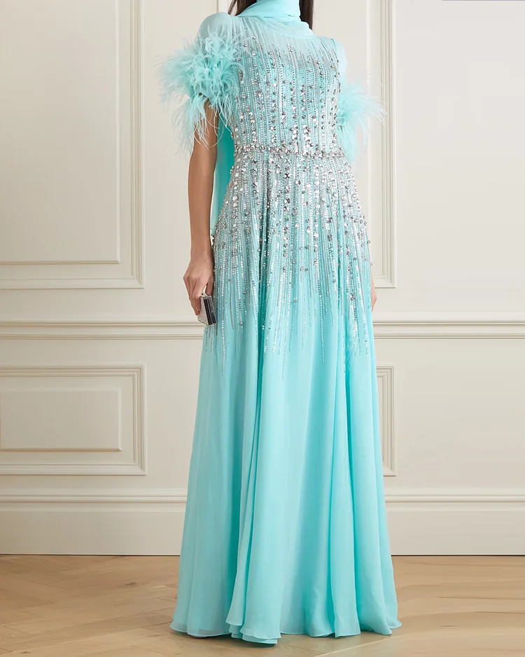 Tess Feather Trimmed Embellished Silk Chiffon Gown
