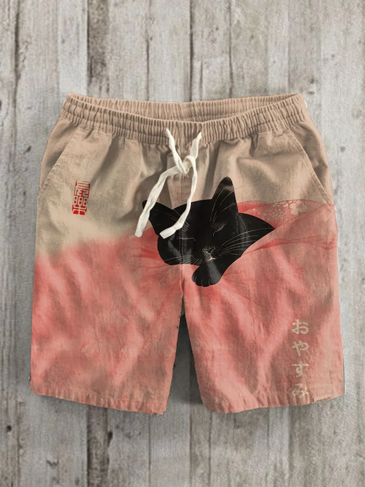 Men's Japanese Sleep Black Cat Ink Painting Print Shorts