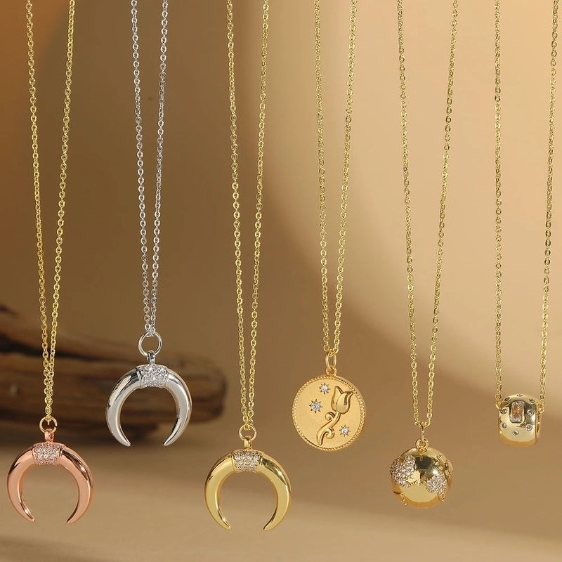 Copper 14K Gold Plated Moon Flower Zircon Copper Necklaces
