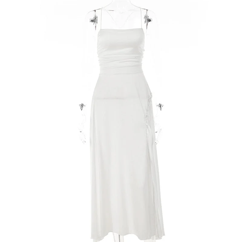 Wanna This White Midi Calf Dress For Woman V-Neck Sleeveless Cami Criss Side Split Elegant Sexy Wrap Clubwear Fashion Dress 2021