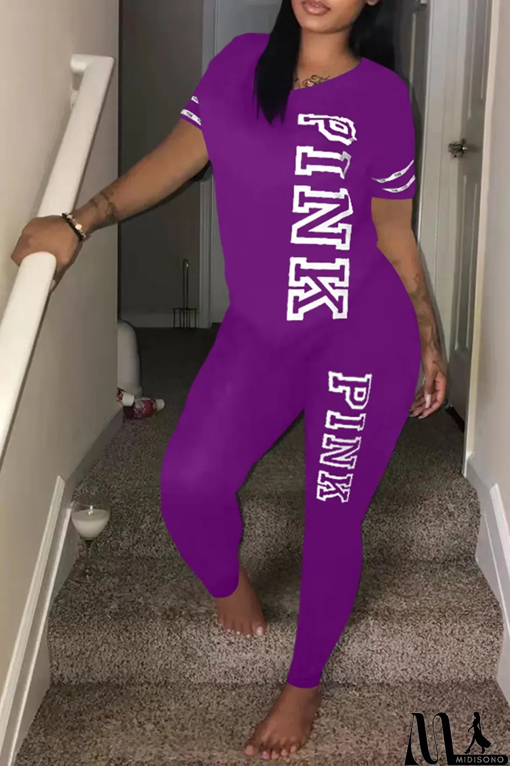 MidiSono - Green Casual Patchwork Letter O Neck Short Sleeve Two Pieces