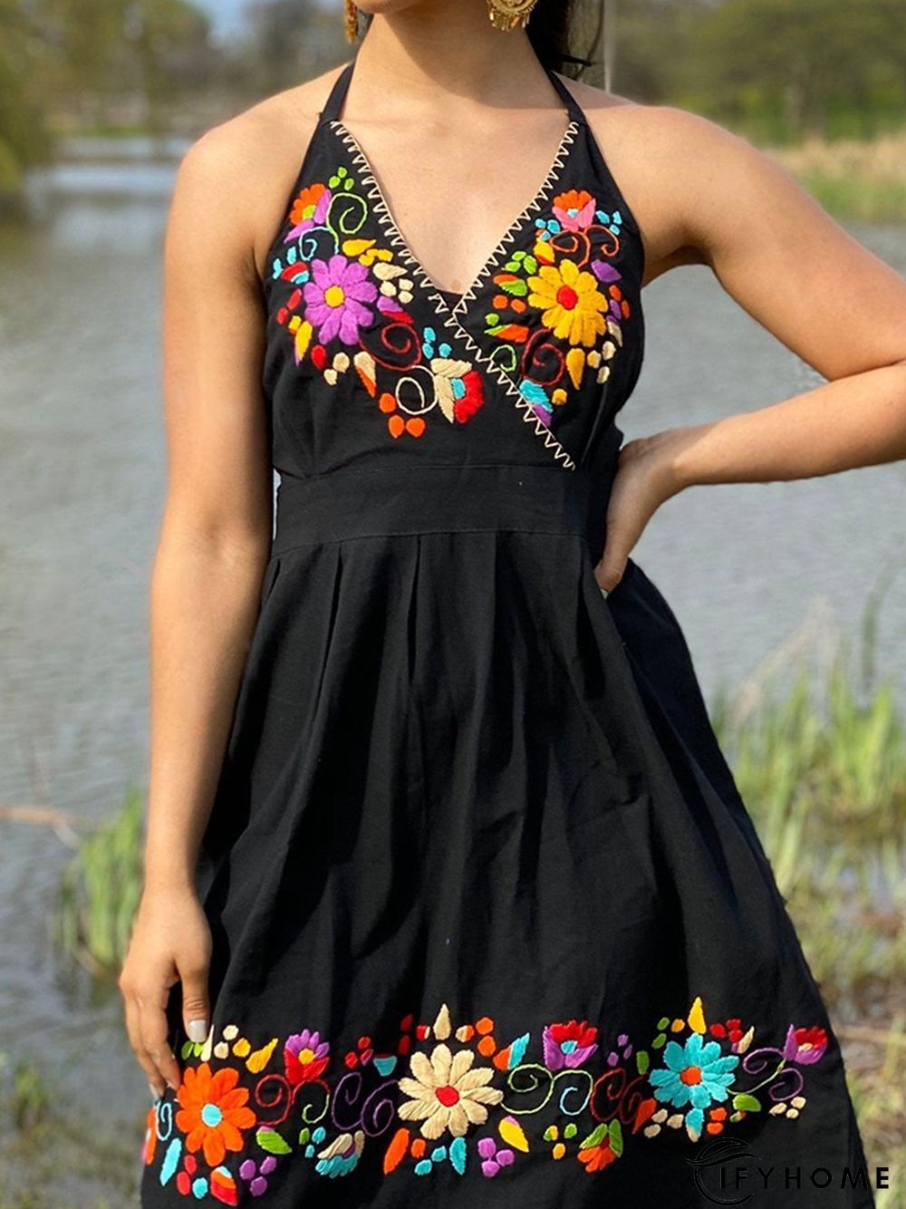 Casual Polyester Cotton Sleeveless V Neck Weaving Dress | IFYHOME