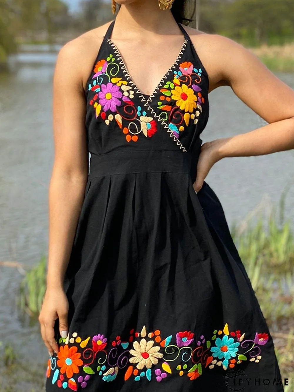 Casual Polyester Cotton Sleeveless V Neck Weaving Dress | IFYHOME