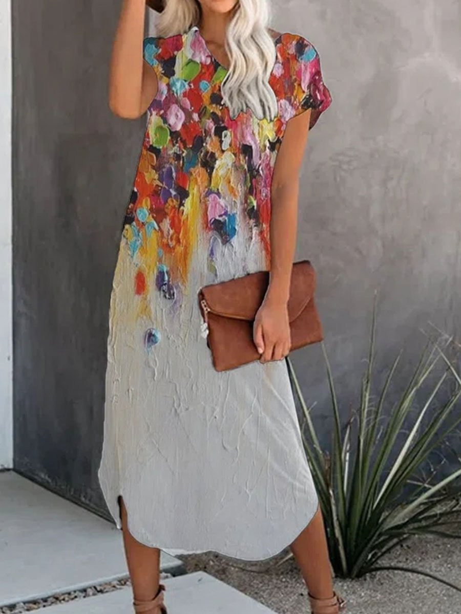 Casual Oil Painting Print Round Neck Short Sleeve Maxi Dress