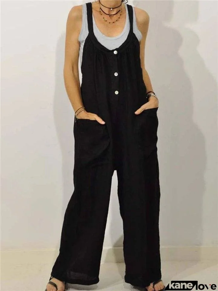 Laid-Back Scoop Neck Front Patch Pocket Button Detailing Straight-Leg Jumpsuit