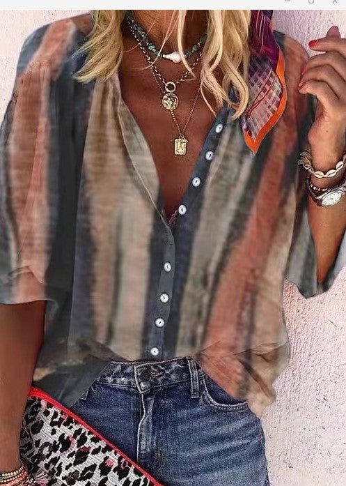 Women's Print Color Block V-neck Short Sleeve Tops