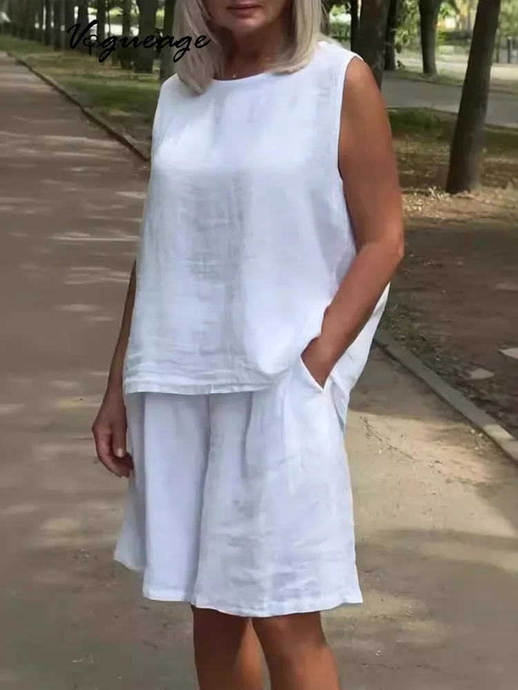 Round Neck Sleeveless Women's Casual Cotton And Linen Suit