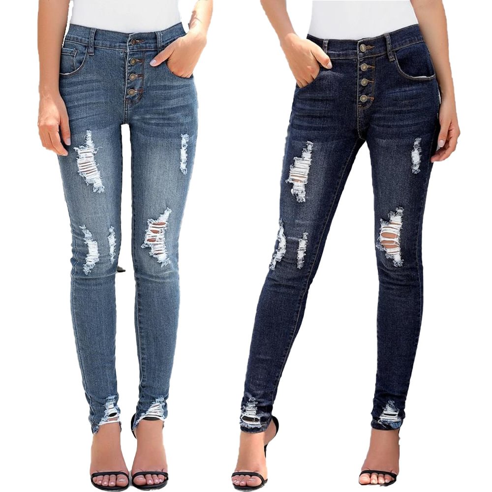 Quality Customized Elastic Ripped Waist Breasted Skinny Jeans